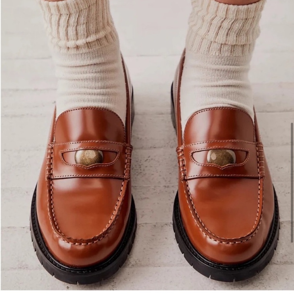 Free People Brown Leather Penny Loafers Flats